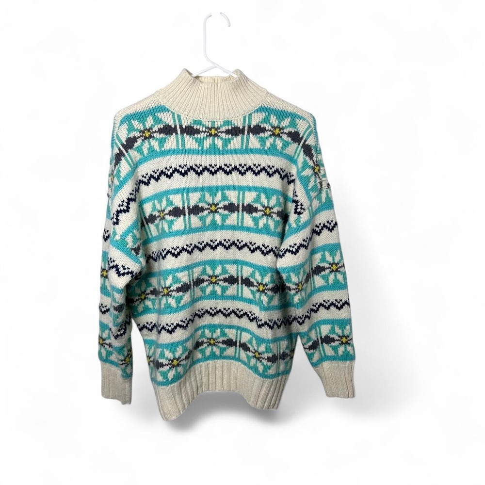 American Eagle Oversized Blue & Cream Mock Neck Fair Isle Sweater XS
